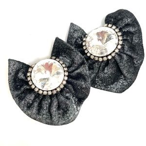 Vintage 1980’s Black And Silver Handcrafted Leather And Crystal Clip Earrings